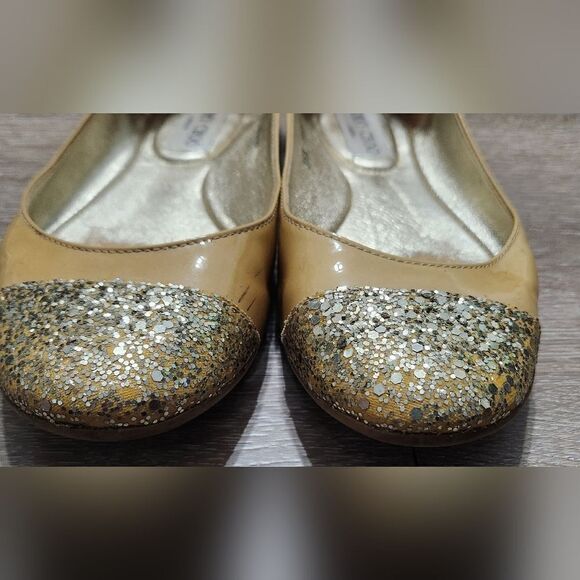 Jimmy Choo Whirl Ballet Flats Tan Beige  Glitter Cap Toe Patent Leather Sz 35.5 - Picture 9 of 11